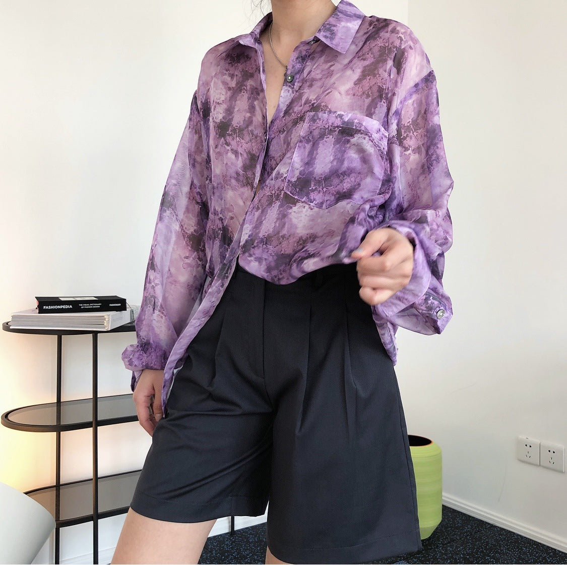 Summer new trendy splash vacuum design print shirt loose thin perspective long sleeve sunscreen