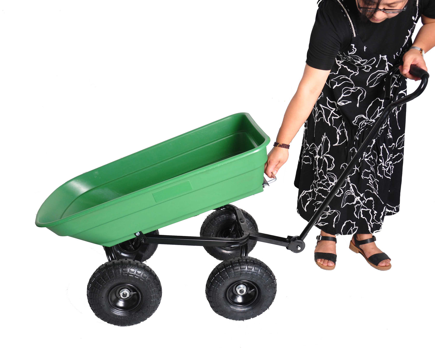 folding wagon Poly Garden Dump Cart with Steel Frame and 10-inPneumatic Tires, 300-Pound Capacity, Green