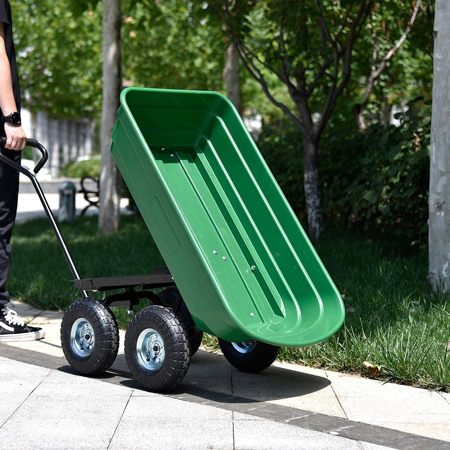 folding wagon Poly Garden Dump Cart with Steel Frame and 10-inPneumatic Tires, 300-Pound Capacity, Green