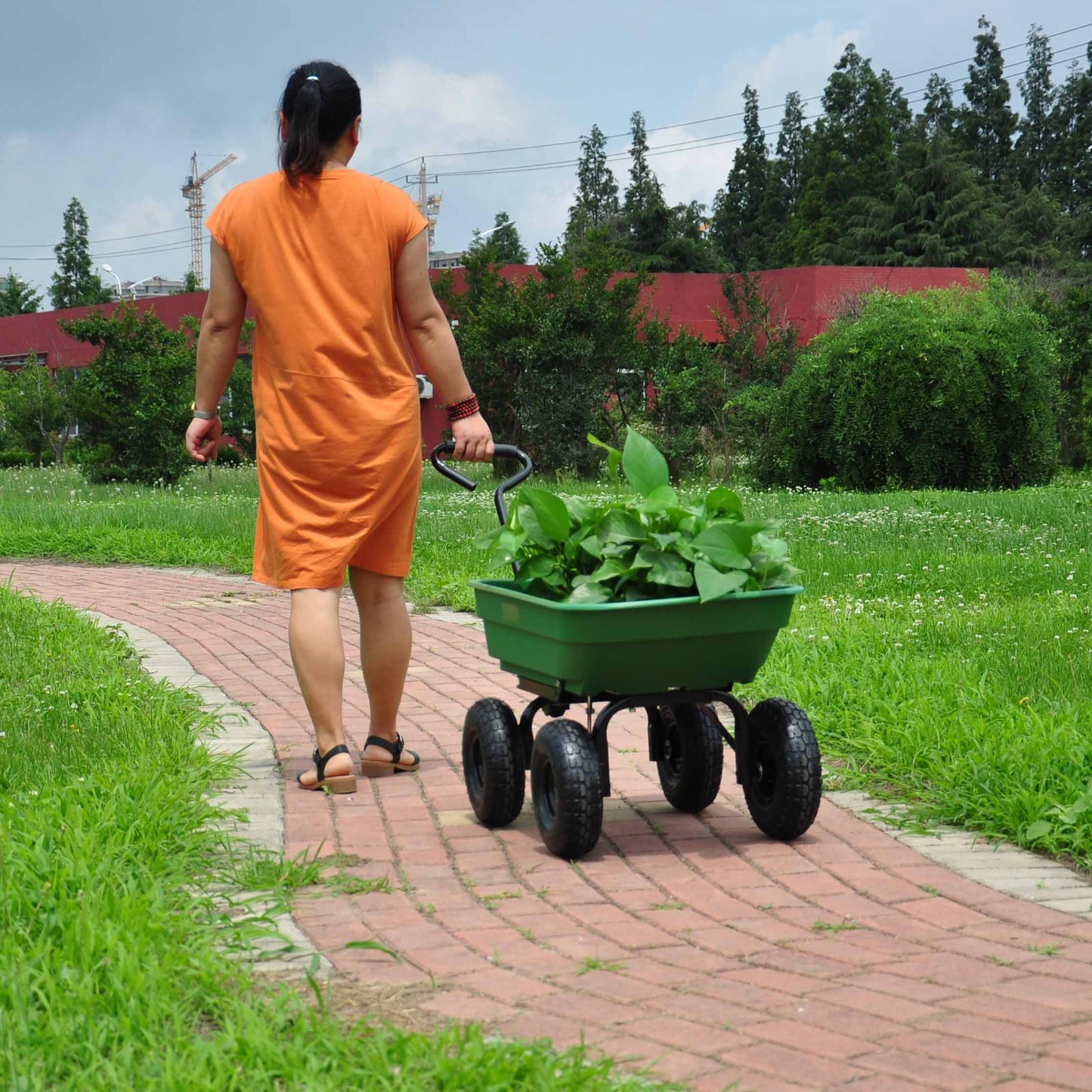 folding wagon Poly Garden Dump Cart with Steel Frame and 10-inPneumatic Tires, 300-Pound Capacity, Green