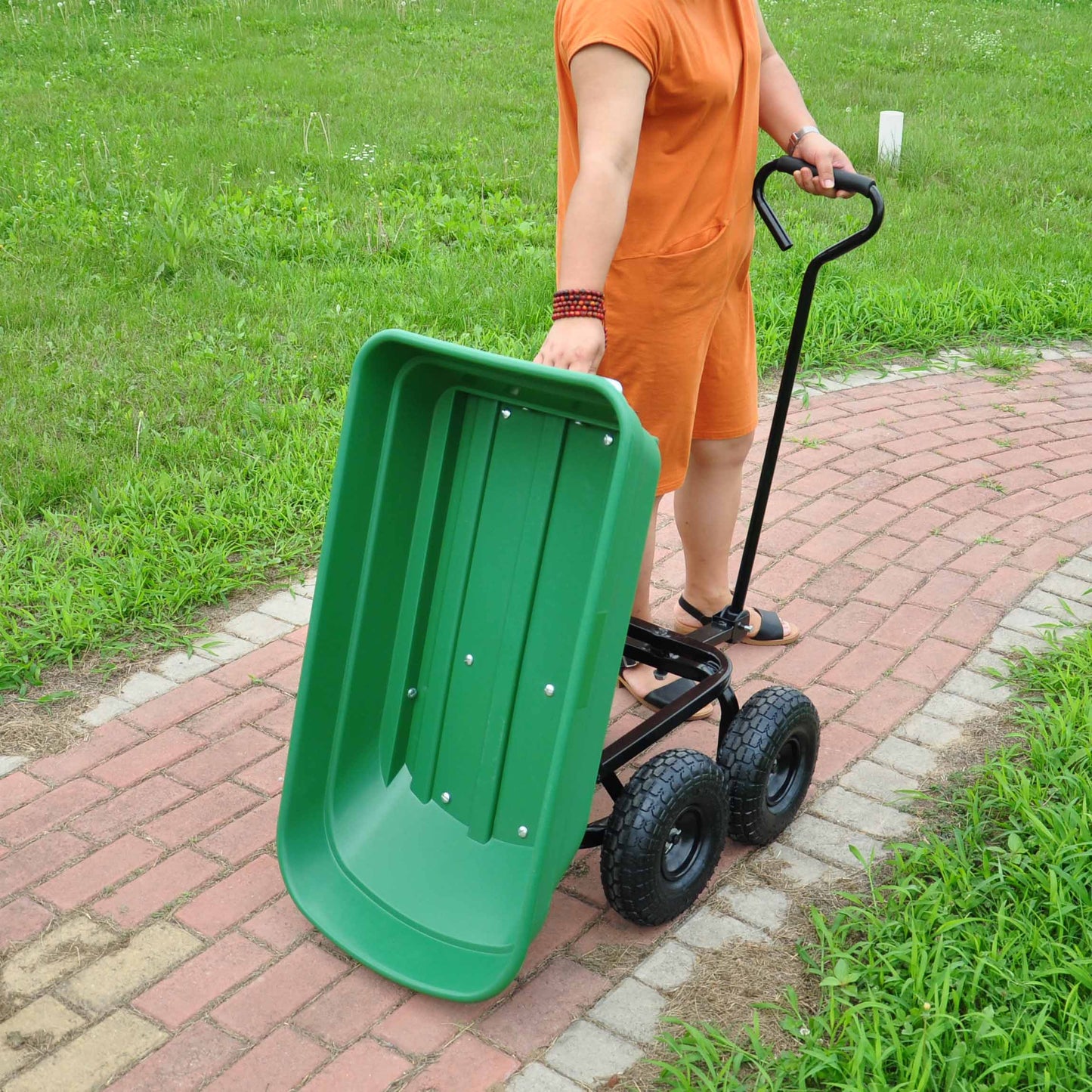 folding wagon Poly Garden Dump Cart with Steel Frame and 10-inPneumatic Tires, 300-Pound Capacity, Green