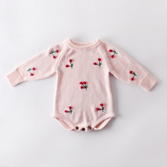 Spring Knitted Baby Romper Cherry Printed Newborn Baby Clothes 100% Cotton Knit Sweater Toddler Infant Baby Jumpsuit Overalls
