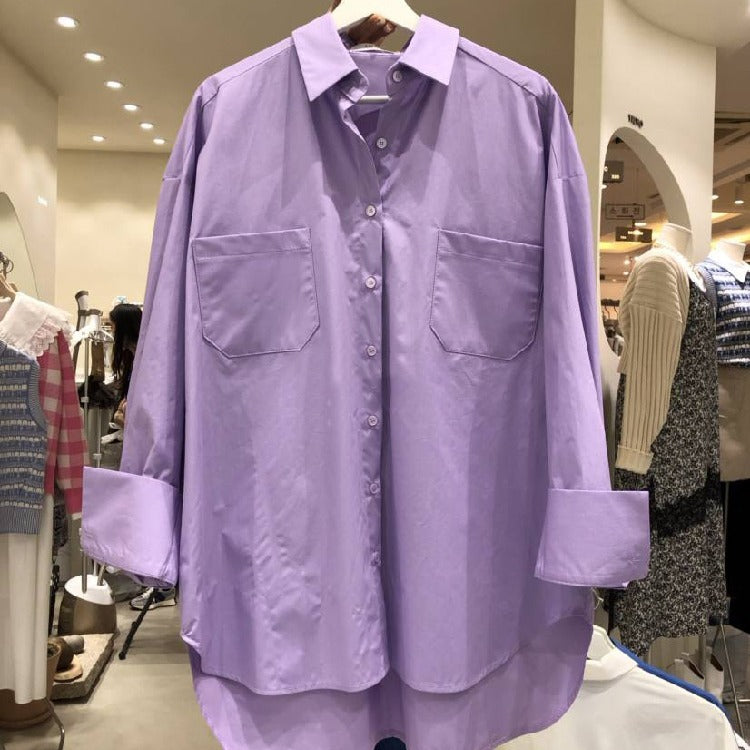 South Korea Dongdaogou 2021 Spring and Autumn Women's Korean version of the new fashion solid color series buckled collar shirt female