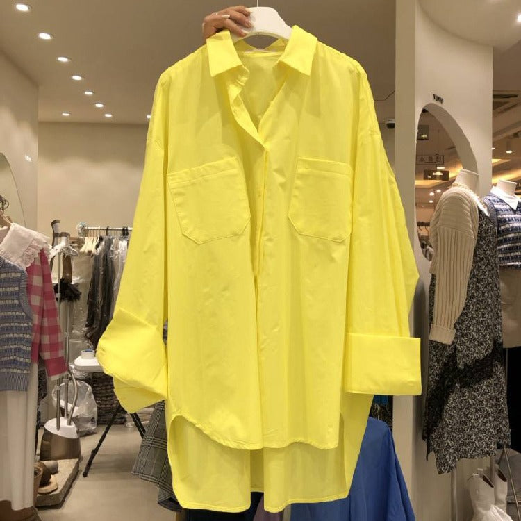 South Korea Dongdaogou 2021 Spring and Autumn Women's Korean version of the new fashion solid color series buckled collar shirt female