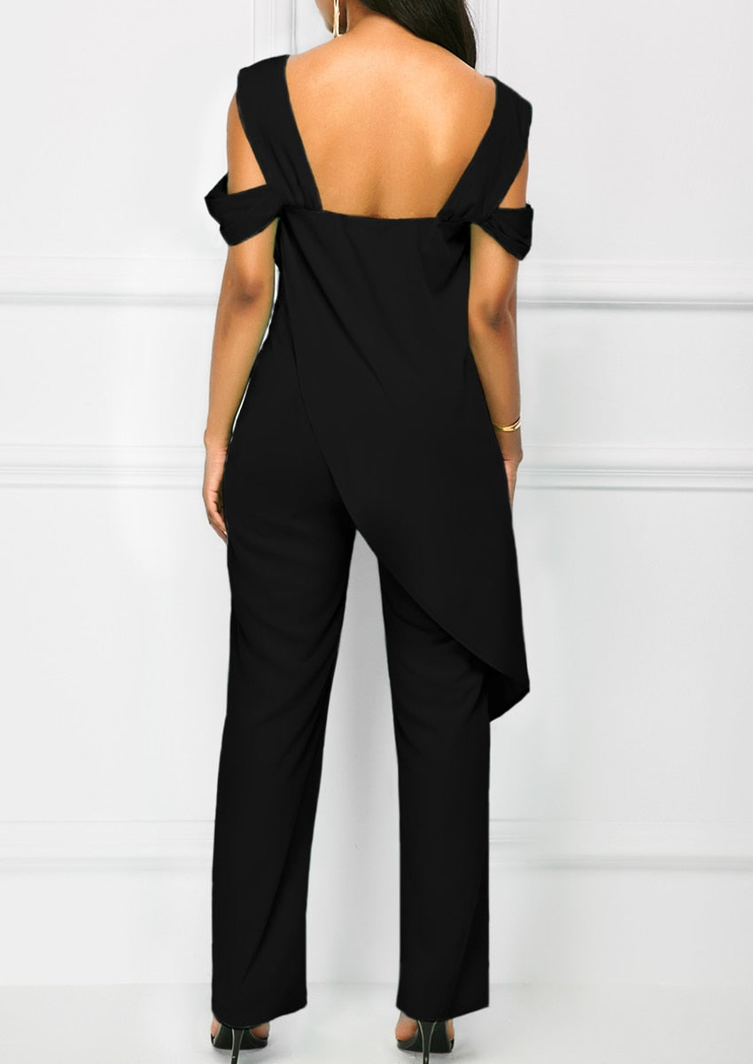 Women Casual Strap Open Back Overlay Jumpsuit Fashion Cold Shoulder Straight Leg Jumpsuit Plus Size Jumpsuits