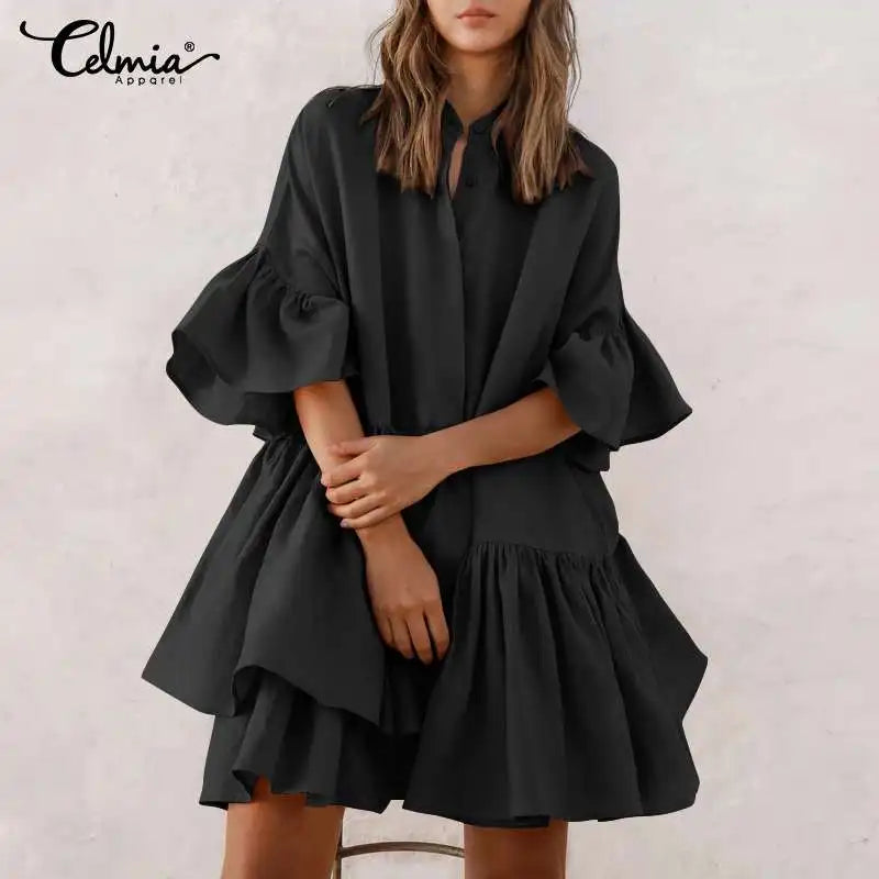 Celmia Bohemian Summer Sundress 2021 Women Ruffled Party Mini Dress Sexy Half Sleeve Buttons Casual Solid Beach Vestidos Robe