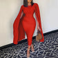 Red Dress Cloak Sleeve High Waist Bodycon Solid Mid Calf Elegant For Evening Party Dinner Wedding Robe Vestidos Dresses 2021 New