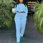 2021 Women Fall Fashion Two Piece Set Casual Suits Solid Color Full Sleeve Dip Hem Crop Top Shirt & Loose Pants Set