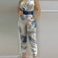 Ladies Summer Holiday Casual Women's Long Jumpsuits (Without Belt) Sleeveless Pocket Backless  Sexy V Neck Tropical Print