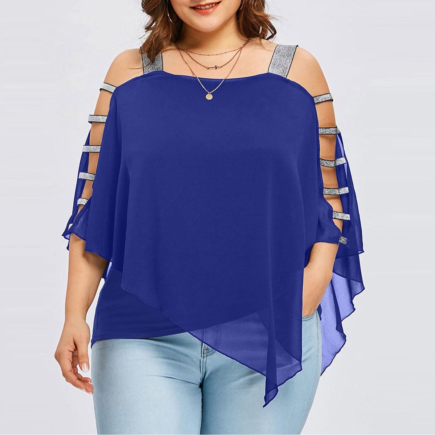 Sexy Fashion Plus Size Tops Women Ladder Sling Cut Overlay Patchwork Hollow Out Blouse Strapless Tops Flare Sleeves Blouse