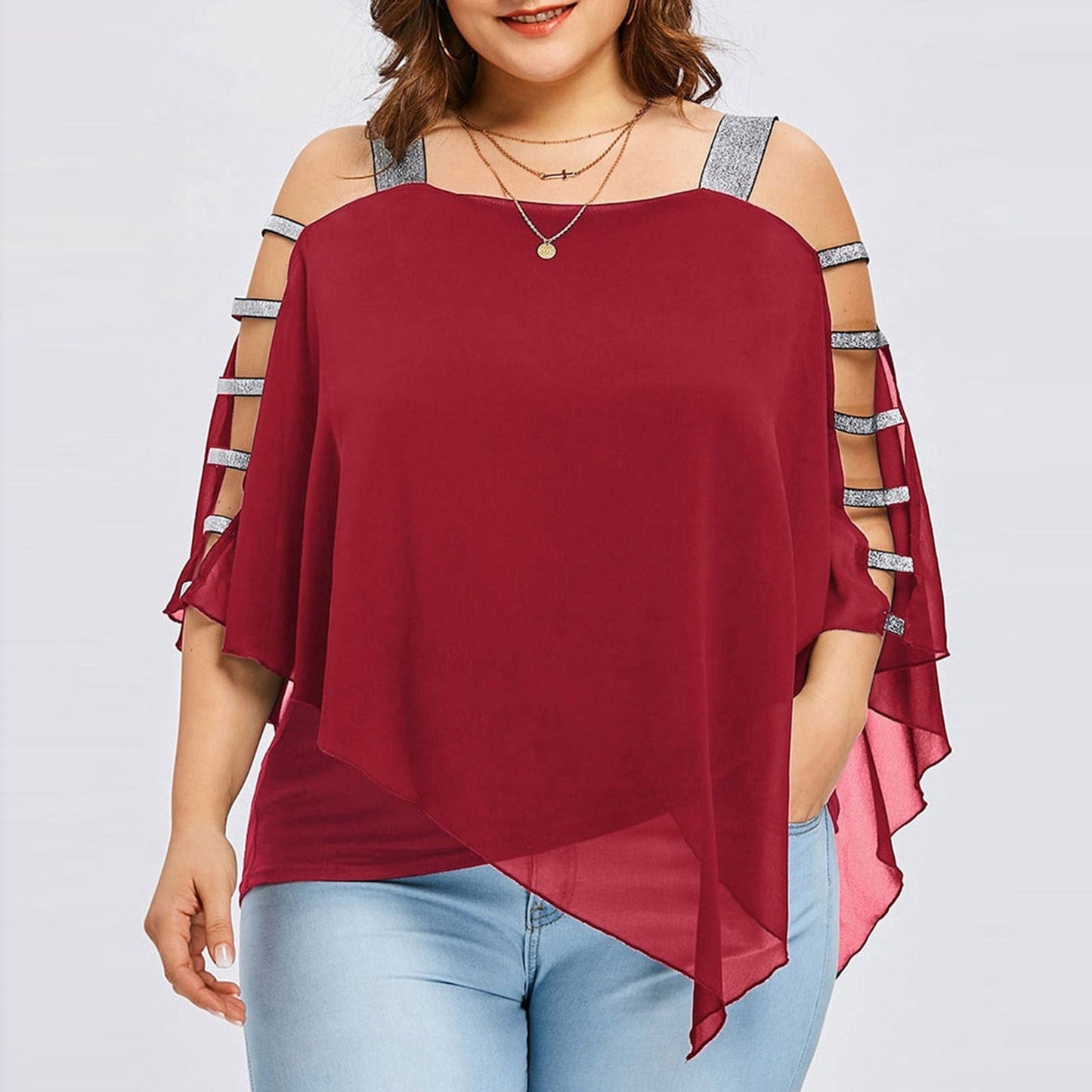 Sexy Fashion Plus Size Tops Women Ladder Sling Cut Overlay Patchwork Hollow Out Blouse Strapless Tops Flare Sleeves Blouse