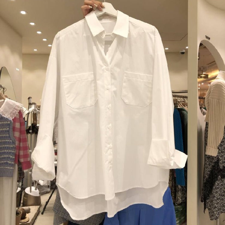 South Korea Dongdaogou 2021 Spring and Autumn Women's Korean version of the new fashion solid color series buckled collar shirt female