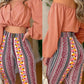 Off Shoulder Ruched Crop Tops & Tribal Print Pants Set Women Two Piece Set Outfits