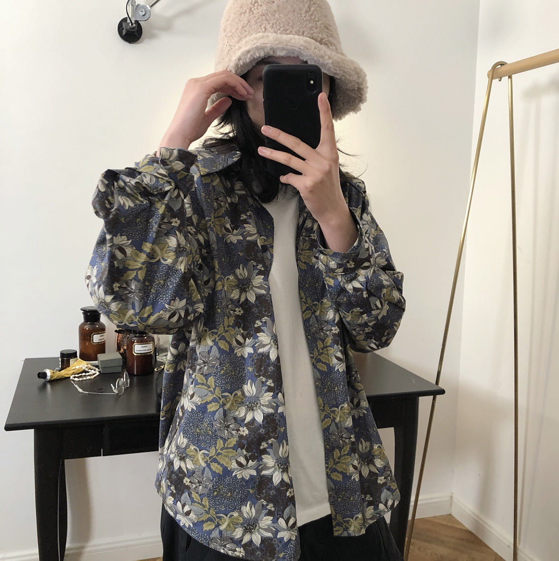 Louu Fall new product Japanese retro blossom lapel shirt loose casual thin printing vacation jacket female tide