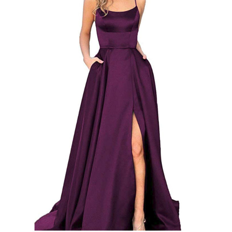 Amazon European station evening dress sexy back hollow see-through satin cloth tail swing front slit dress female