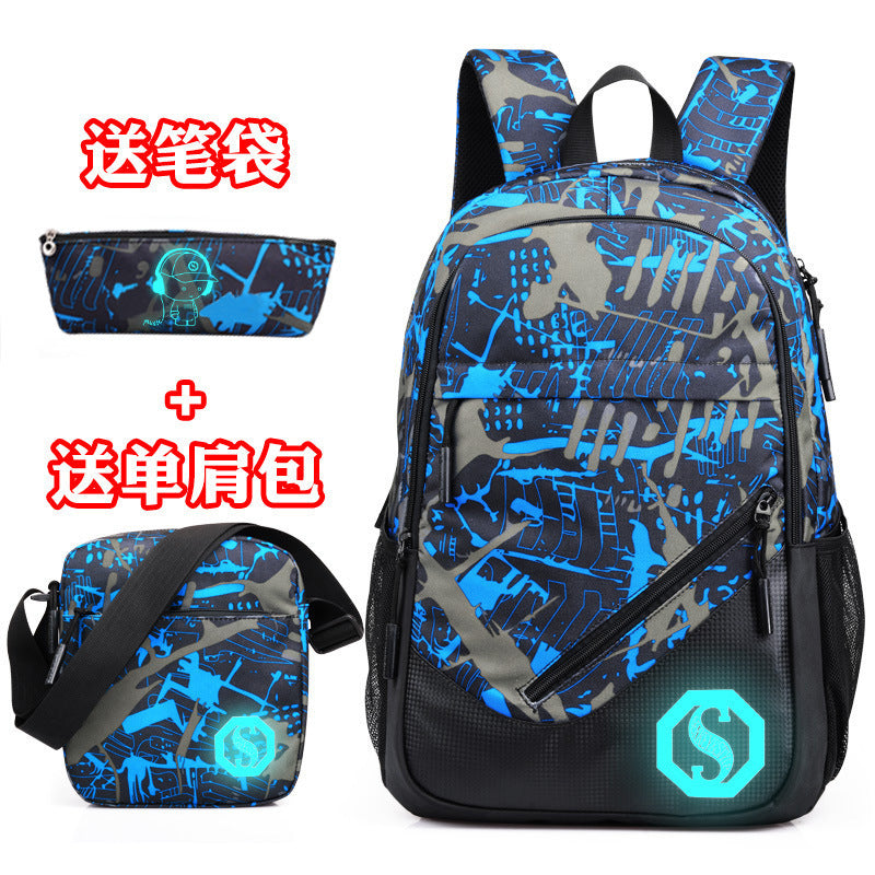 Graffiti three-piece lattice backpack male student bag back Pack casual computer junior high school backpack