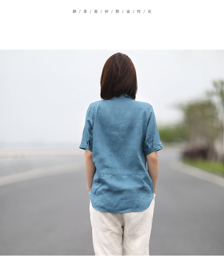 Yasulan short-sleeved shirt loose casual large size slim solid color cotton linen shirt female pi cotton 2021 summer