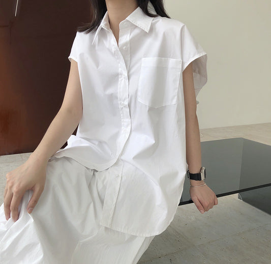 Summer new European blogger INS simple sleeveless silhouette shirt ladie loose casual right shoulder clothes