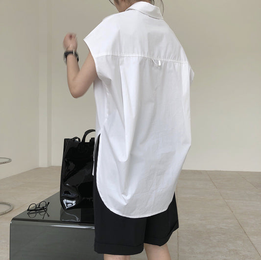 Summer new European blogger INS simple sleeveless silhouette shirt ladie loose casual right shoulder clothes