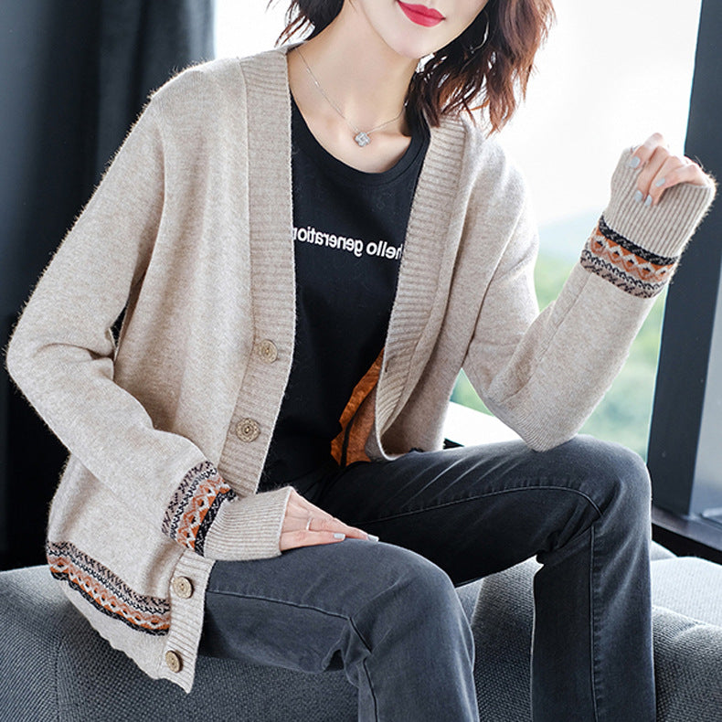 Jacquard V-small fresh knit sweater female cardigan 2020 new women's outer long sleeve shirt loose jacket