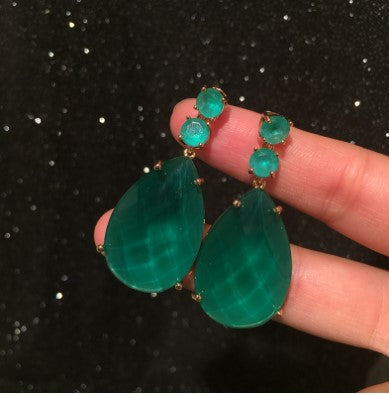 Net red European and American style retro big water drop earrings simulation emerald bar earrings blue Paraiba earrings female