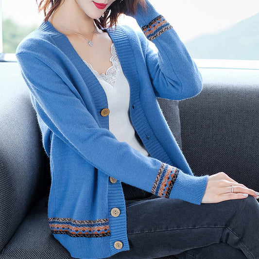 Jacquard V-small fresh knit sweater female cardigan 2020 new women's outer long sleeve shirt loose jacket