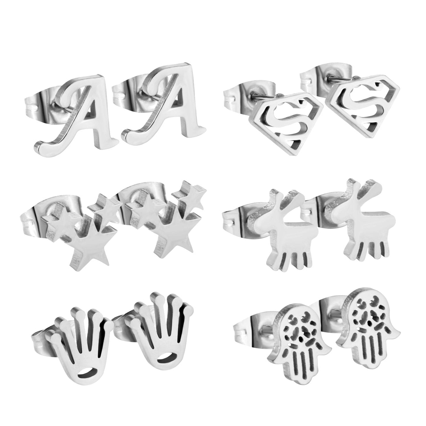 6Pairs/Box Stainless Steel CZ Earrings For Women Girls Kids Piercing Stud Earrings Set Birthday Jewelry Gifts