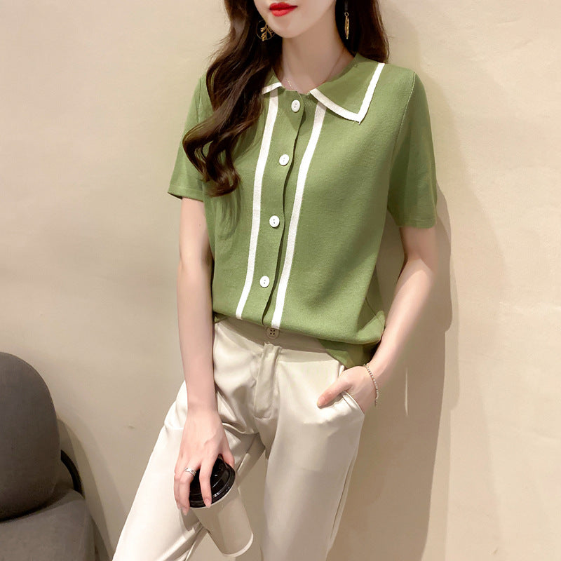 2020 summer new POLO collar ice silk knit short-sleeved T-shirt female INS tide loose tap bottom shirt tide