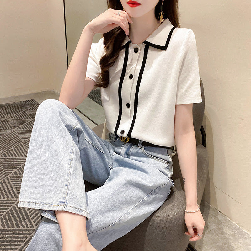 2020 summer new POLO collar ice silk knit short-sleeved T-shirt female INS tide loose tap bottom shirt tide