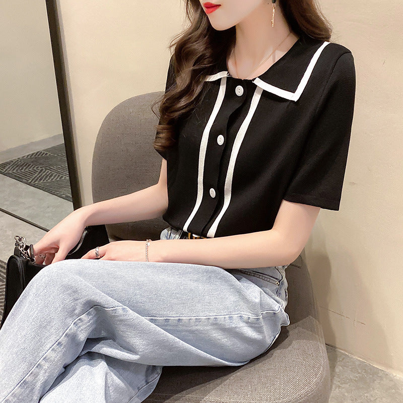 2020 summer new POLO collar ice silk knit short-sleeved T-shirt female INS tide loose tap bottom shirt tide