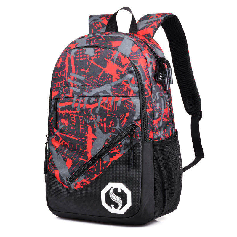 Graffiti three-piece lattice backpack male student bag back Pack casual computer junior high school backpack