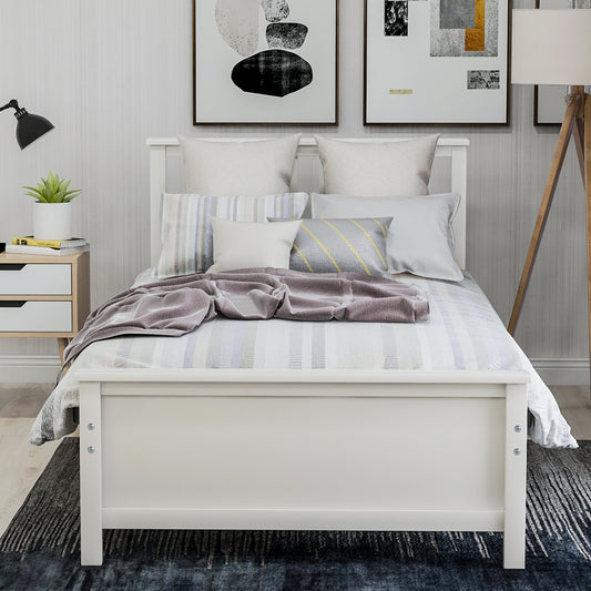 Twin Size Wood Platform Bed with Headboard,Footboard and Wood Slat Support, White