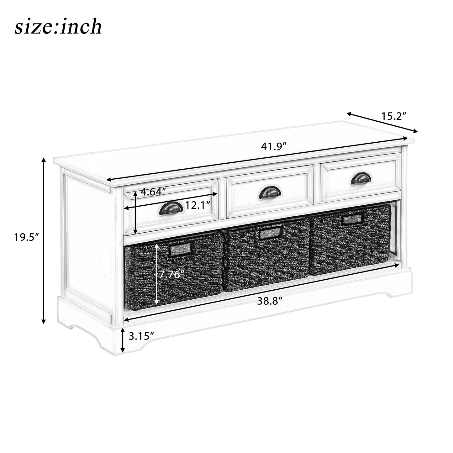 Homes Collection  Wicker Storage Bench with 3 Drawers and 3 Woven Baskets