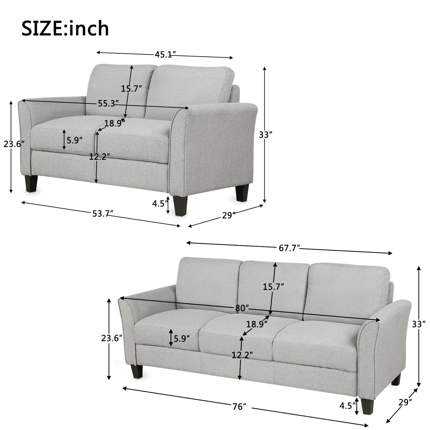 Living Room Furniture Loveseat Sofa and 3-seat  sofa (Light Gray)