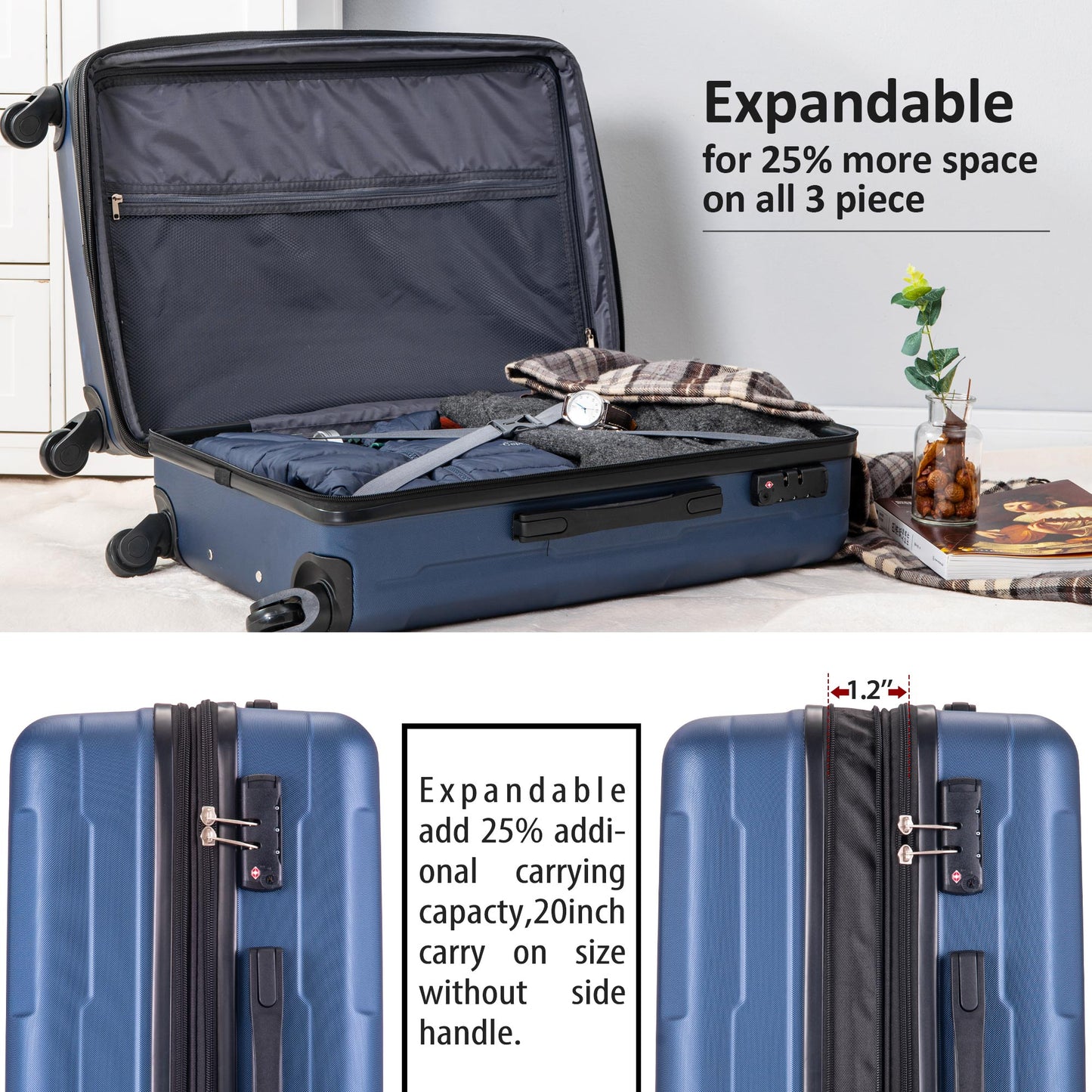 Expanable Spinner Wheel 3 Piece Luggage Set ABS Lightweight Suitcase with TSA Lock