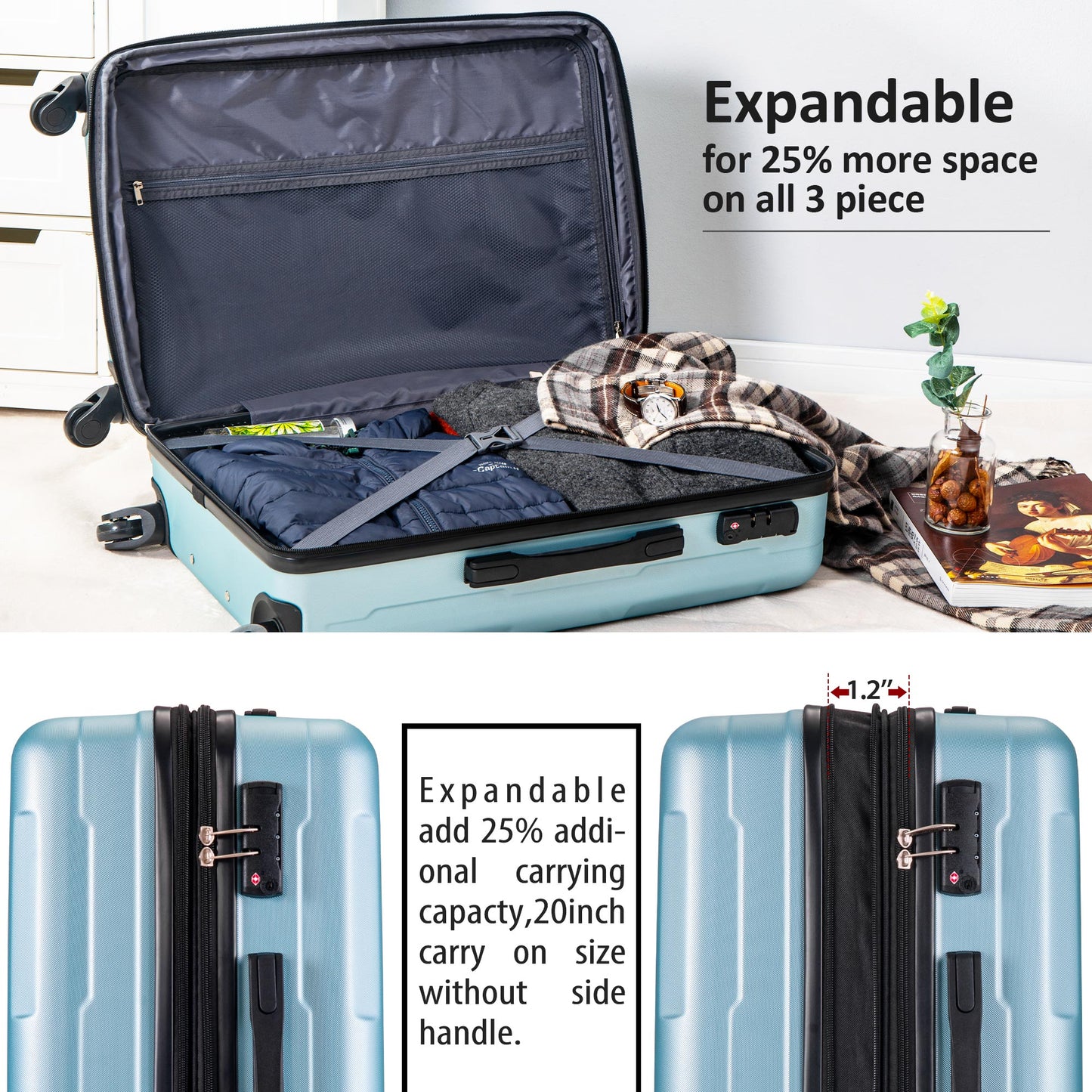 Expanable Spinner Wheel 3 Piece Luggage Set ABS Lightweight Suitcase with TSA Lock