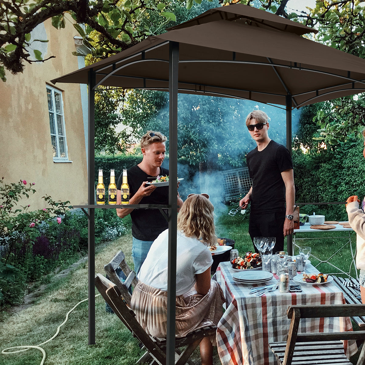 Outdoor Grill Gazebo 8 x 5 Ft, Shelter Tent, Double Tier Soft Top Canopy and Steel Frame with hook and Bar Counters, -Brown