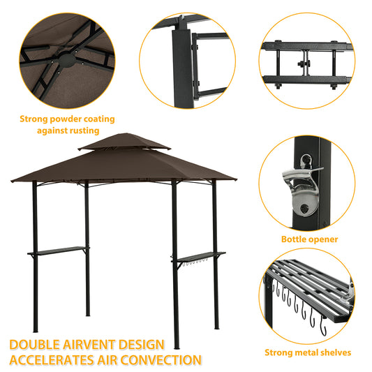 Outdoor Grill Gazebo 8 x 5 Ft, Shelter Tent, Double Tier Soft Top Canopy and Steel Frame with hook and Bar Counters, -Brown