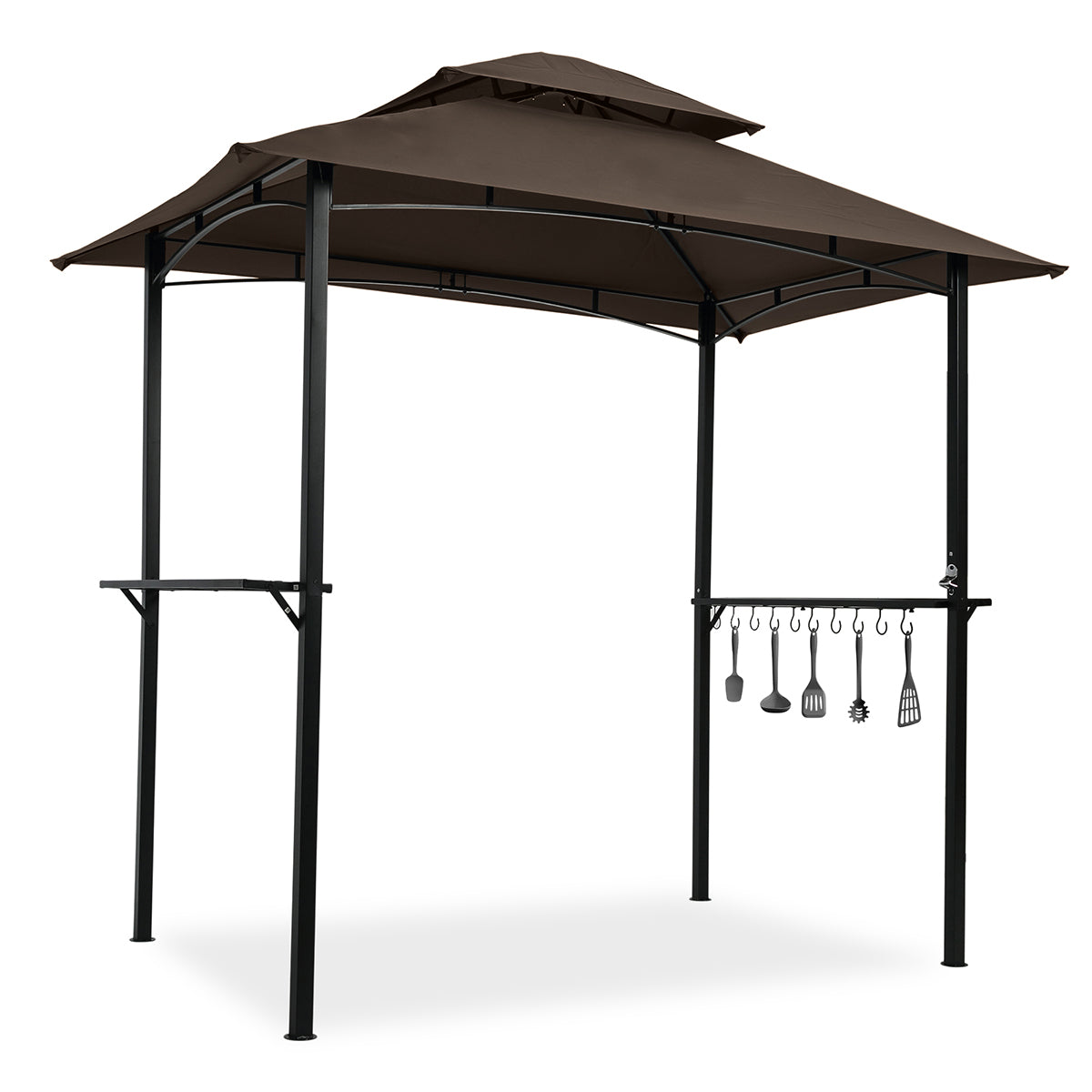 Outdoor Grill Gazebo 8 x 5 Ft, Shelter Tent, Double Tier Soft Top Canopy and Steel Frame with hook and Bar Counters, -Brown