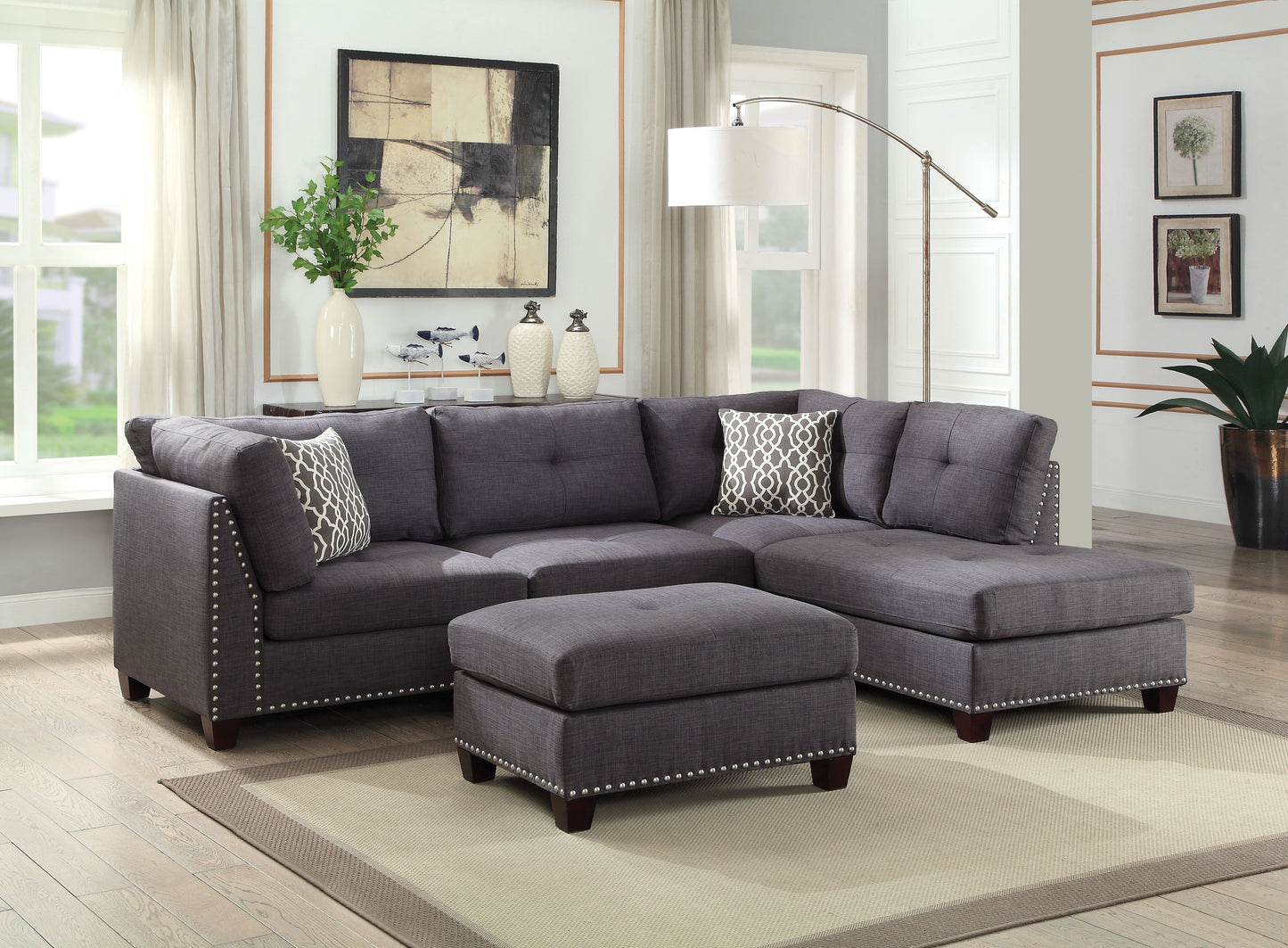 Laurissa Sectional Sofa & Ottoman (2 Pillows), Light Charcoal Linen (1Set/2Ctn) 54385