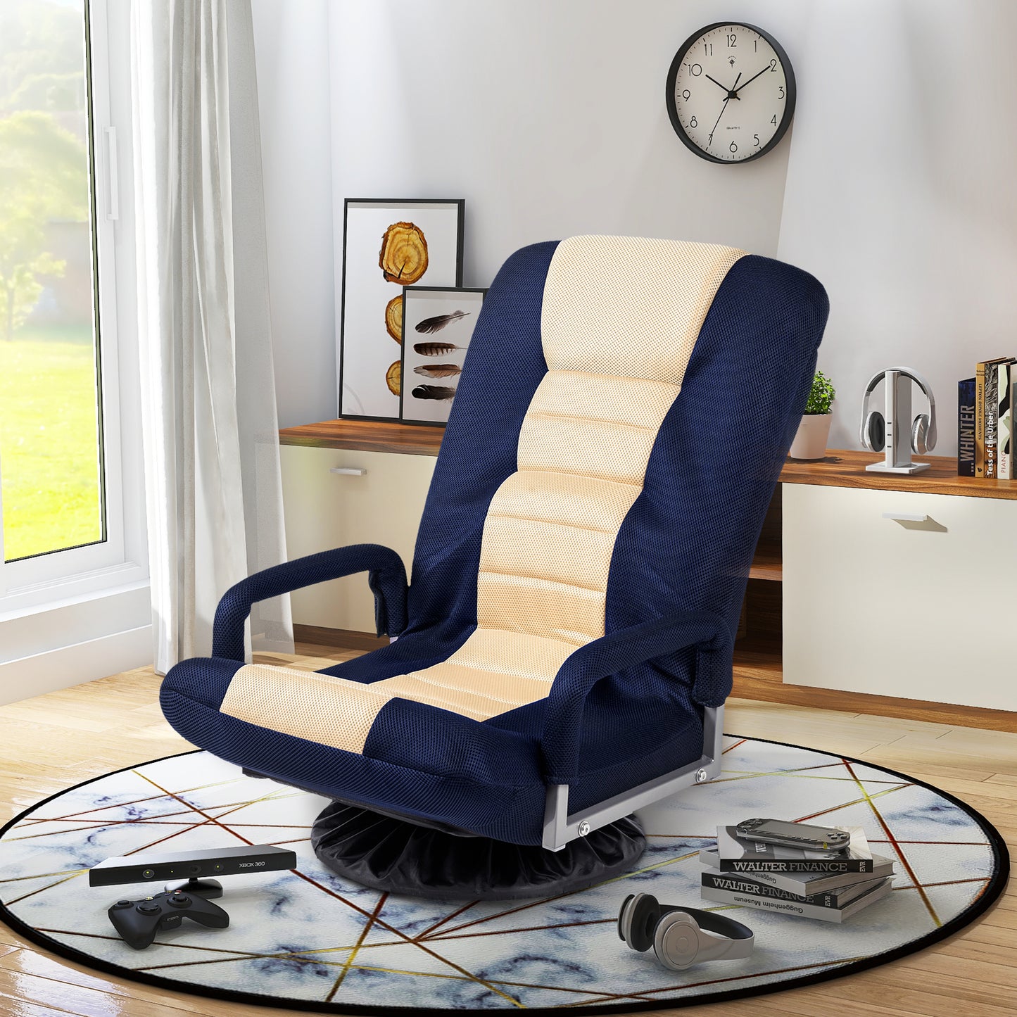 Swivel Video Rocker Gaming Chair Adjustable 7-Position Floor Chair Folding Sofa Lounger,Blue+Beige