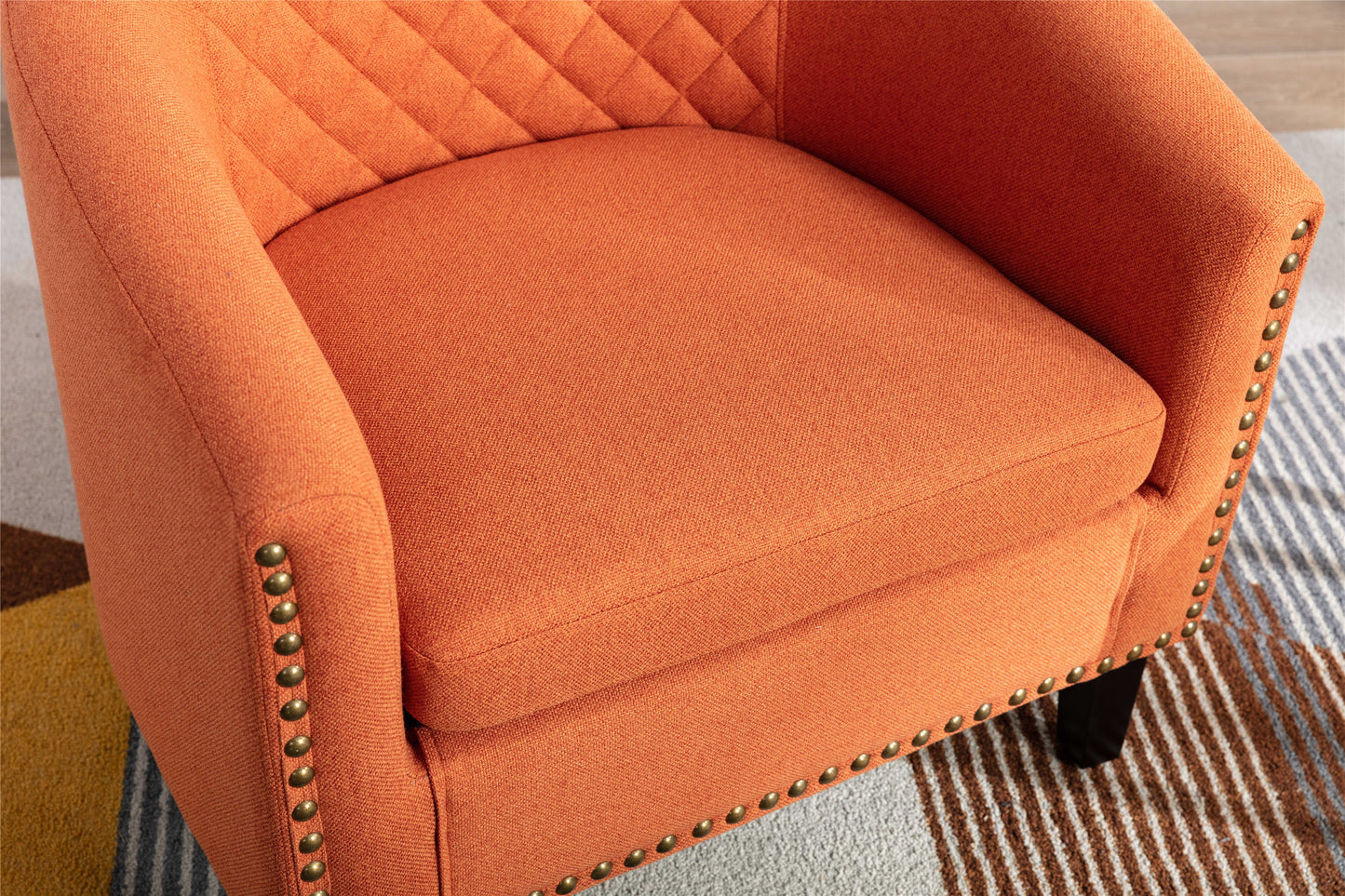 accent Barrel chair living room chair with nailheads and solid wood legs Orange  linen