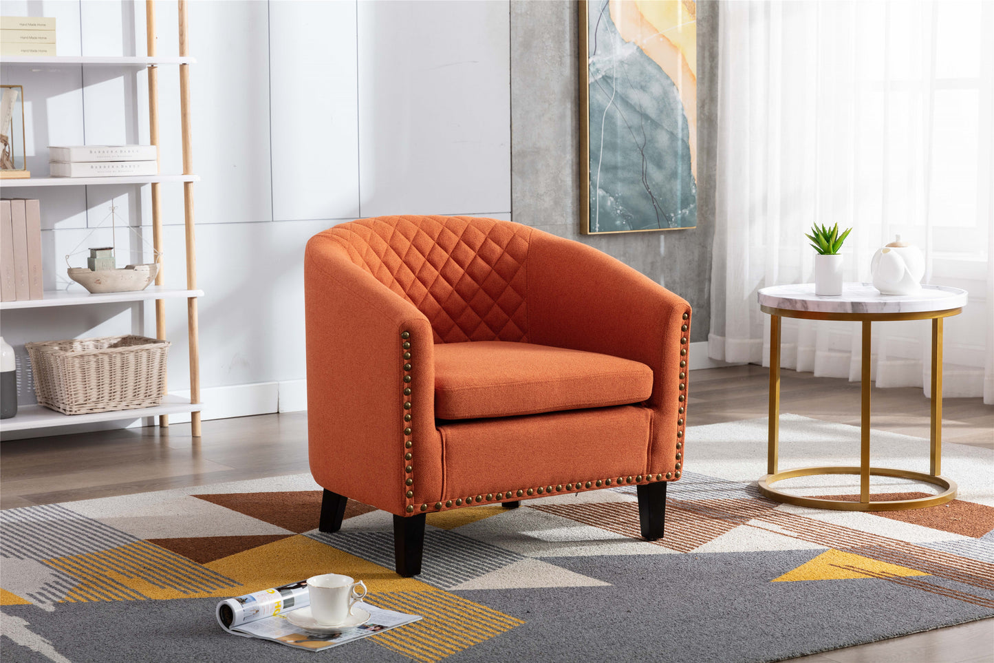 accent Barrel chair living room chair with nailheads and solid wood legs Orange  linen