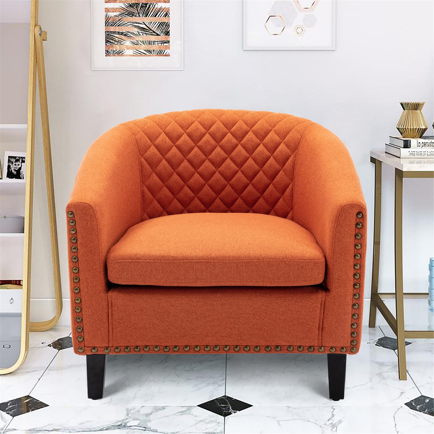 accent Barrel chair living room chair with nailheads and solid wood legs Orange  linen