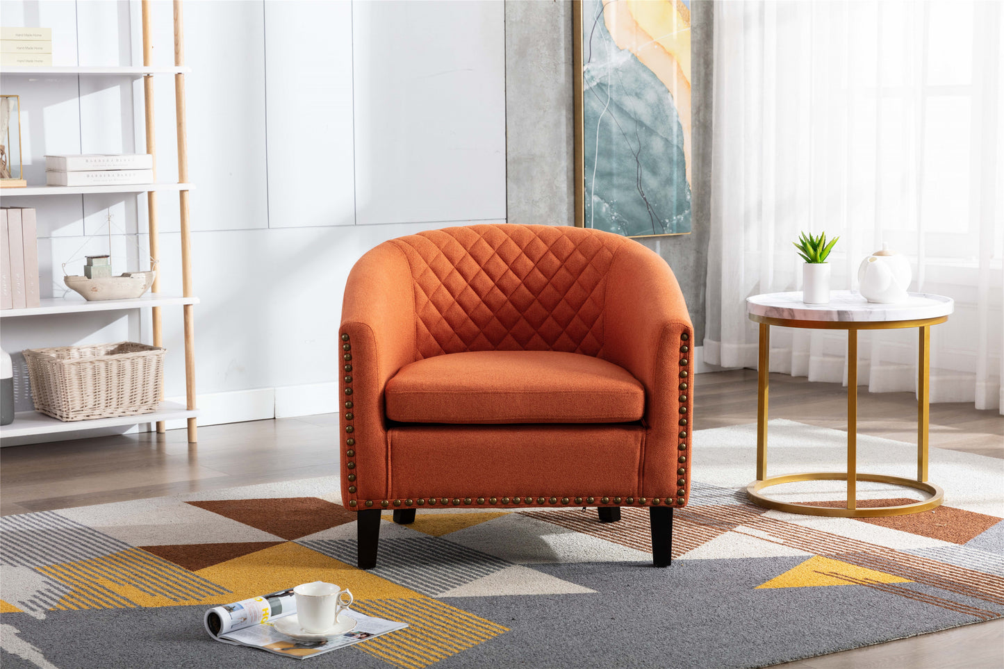 accent Barrel chair living room chair with nailheads and solid wood legs Orange  linen