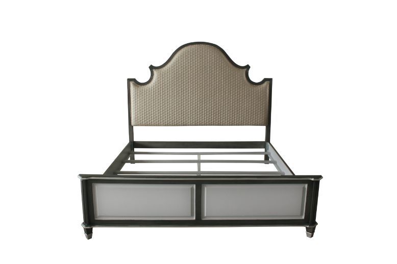 House Beatrice Queen Bed, Two Tone Beige Fabric, Charcoal & Light Gray Finish 28810Q