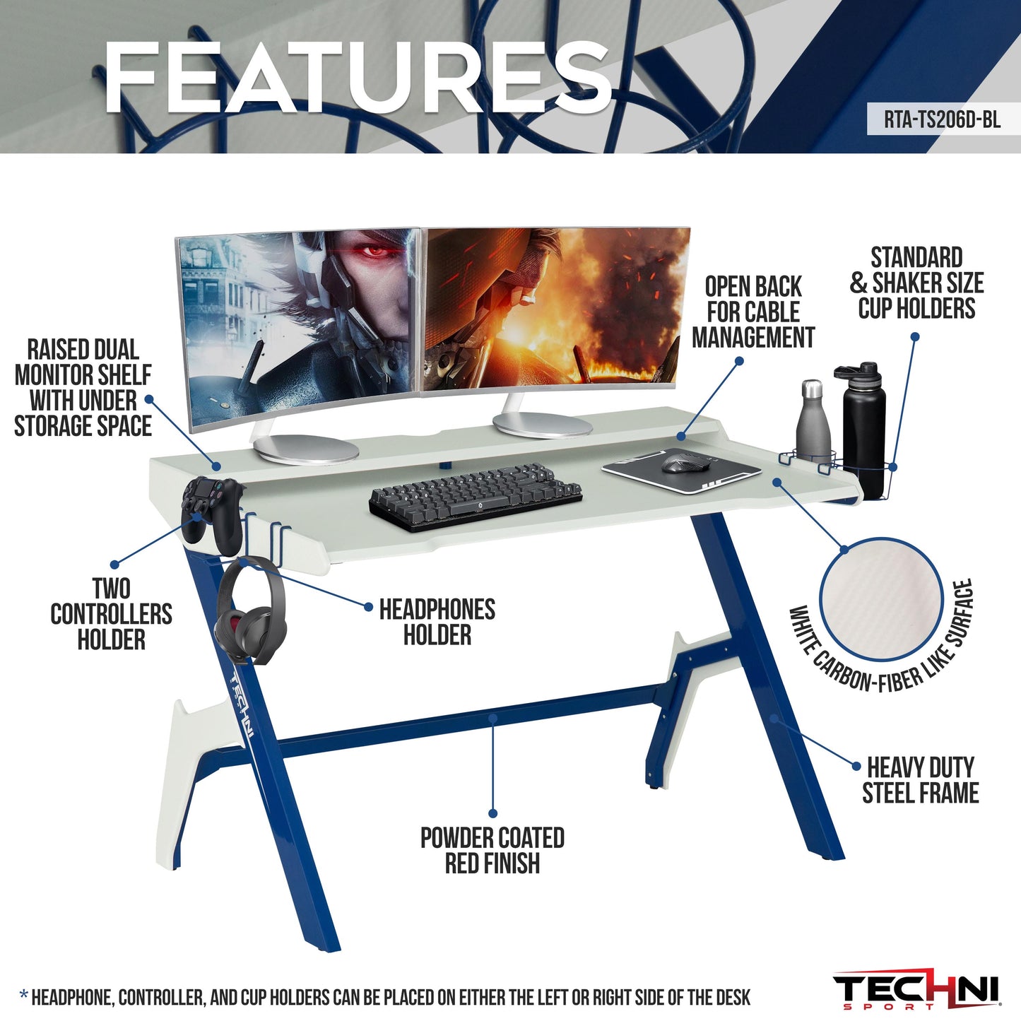 Techni Sport Ergonomic Computer Gaming  Desk Workstation with Cupholder  Headphone Hook, Blue