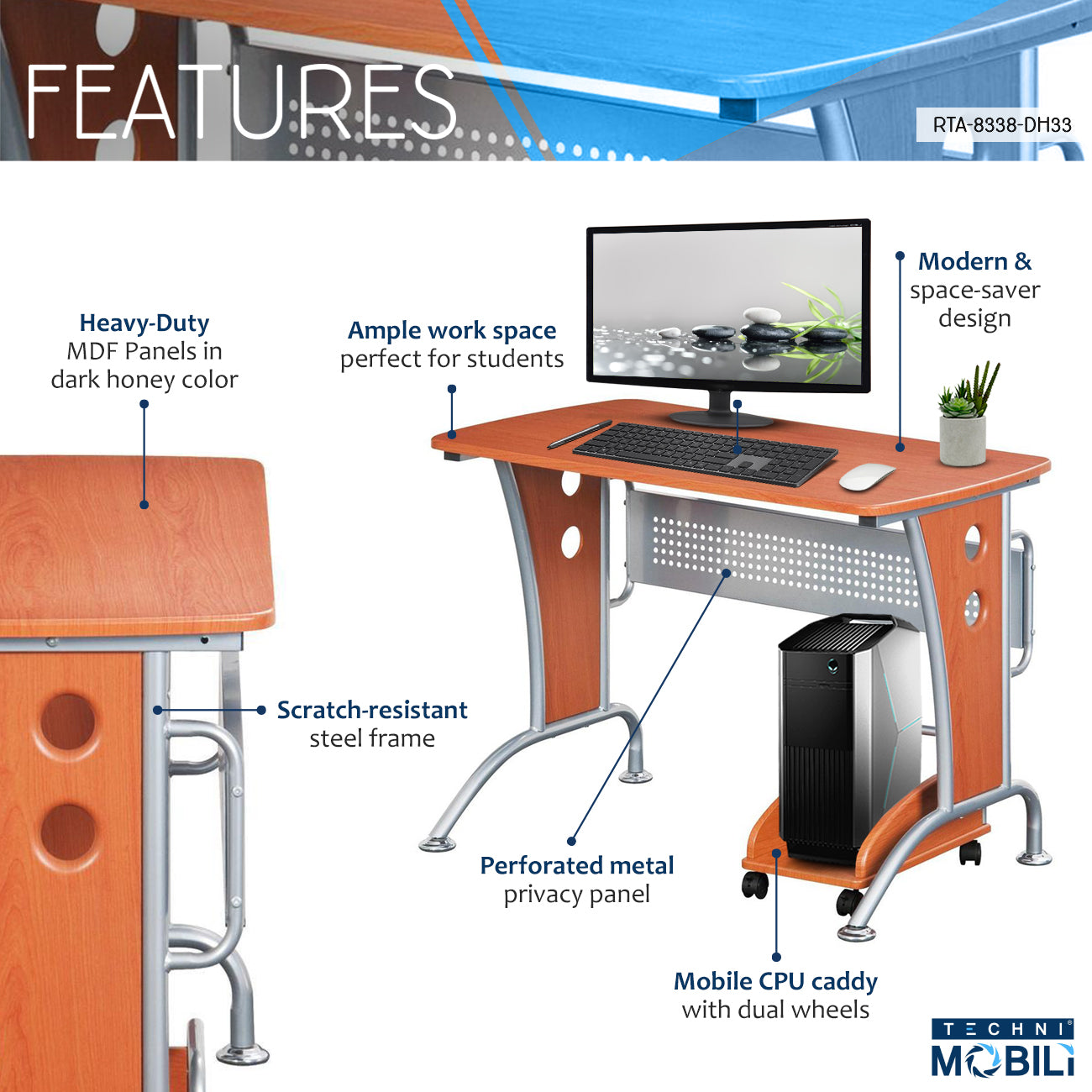 Techni Mobili Modern  Computer Desk With Mobile CPU Caddy, Dark Honey