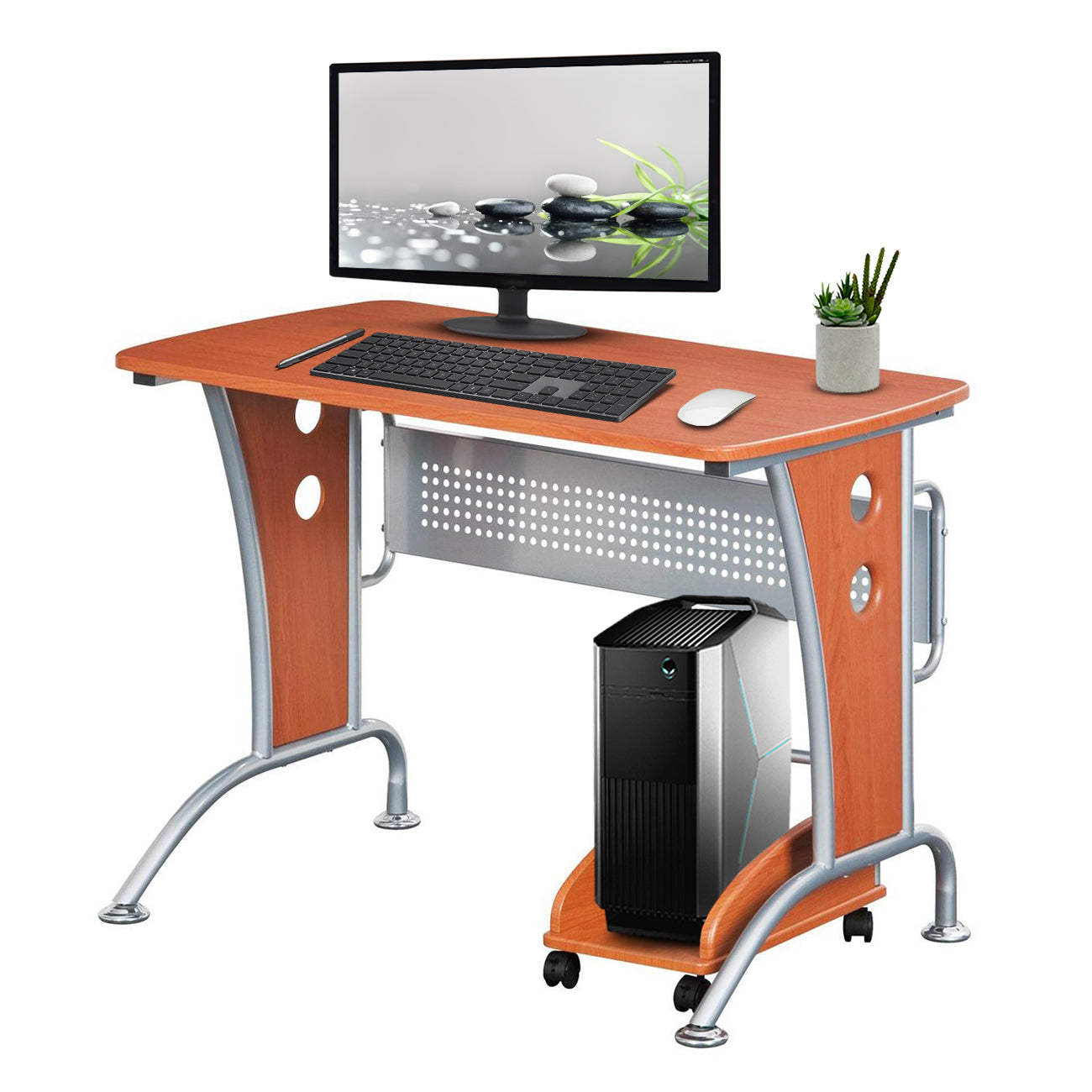 Techni Mobili Modern  Computer Desk With Mobile CPU Caddy, Dark Honey