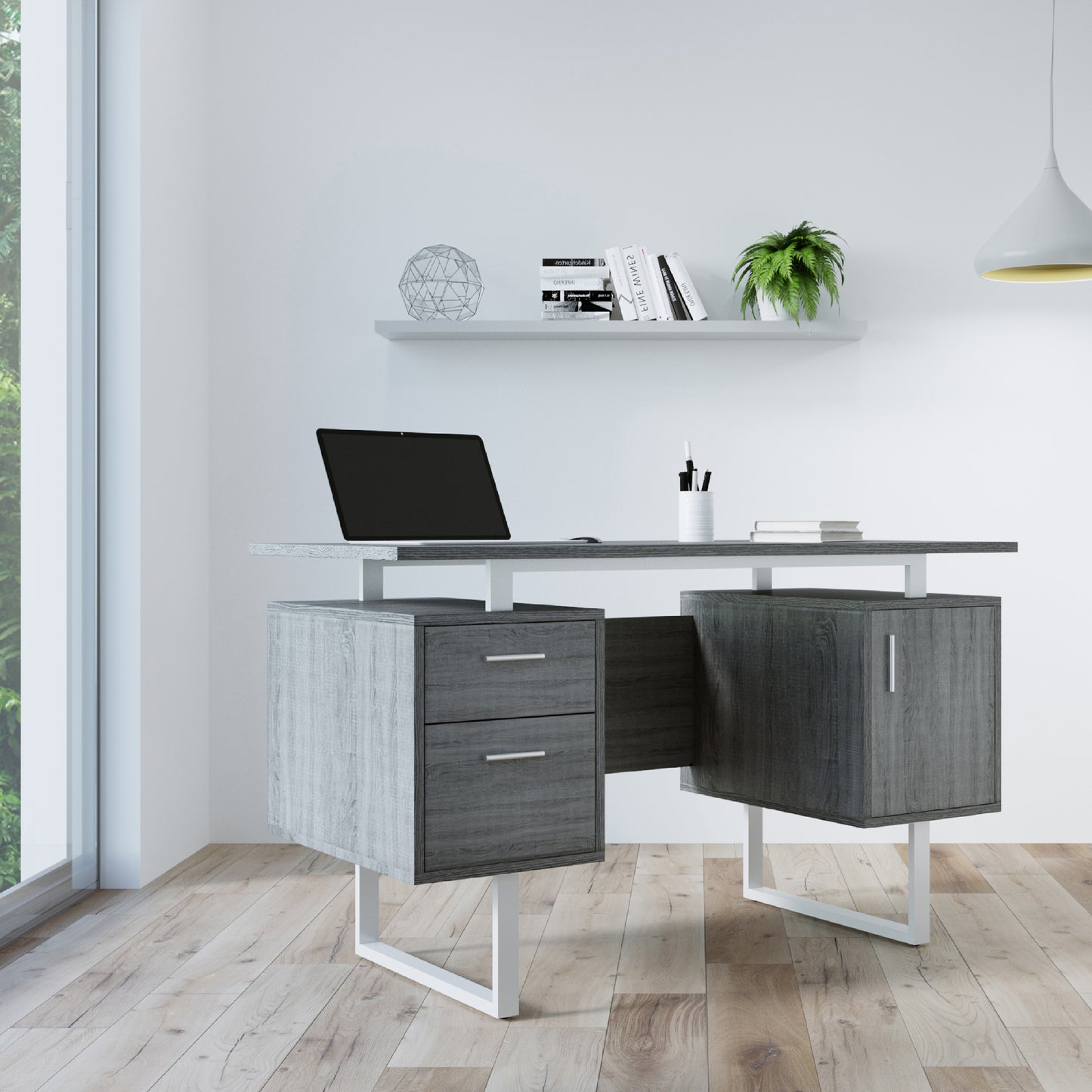 Techni Mobili Modern Office Desk with Storage, Grey